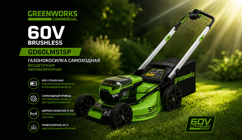 Газонокосилка самоходная Greenworks GD60LM51SP 60V 2514307 (51 см) бесщеточная аккумуляторная